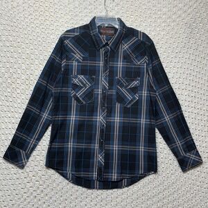 Rock & Roll Cowboy Shirt Men's L Black Blue Plaid 100% Cotton Western Pearl Snap